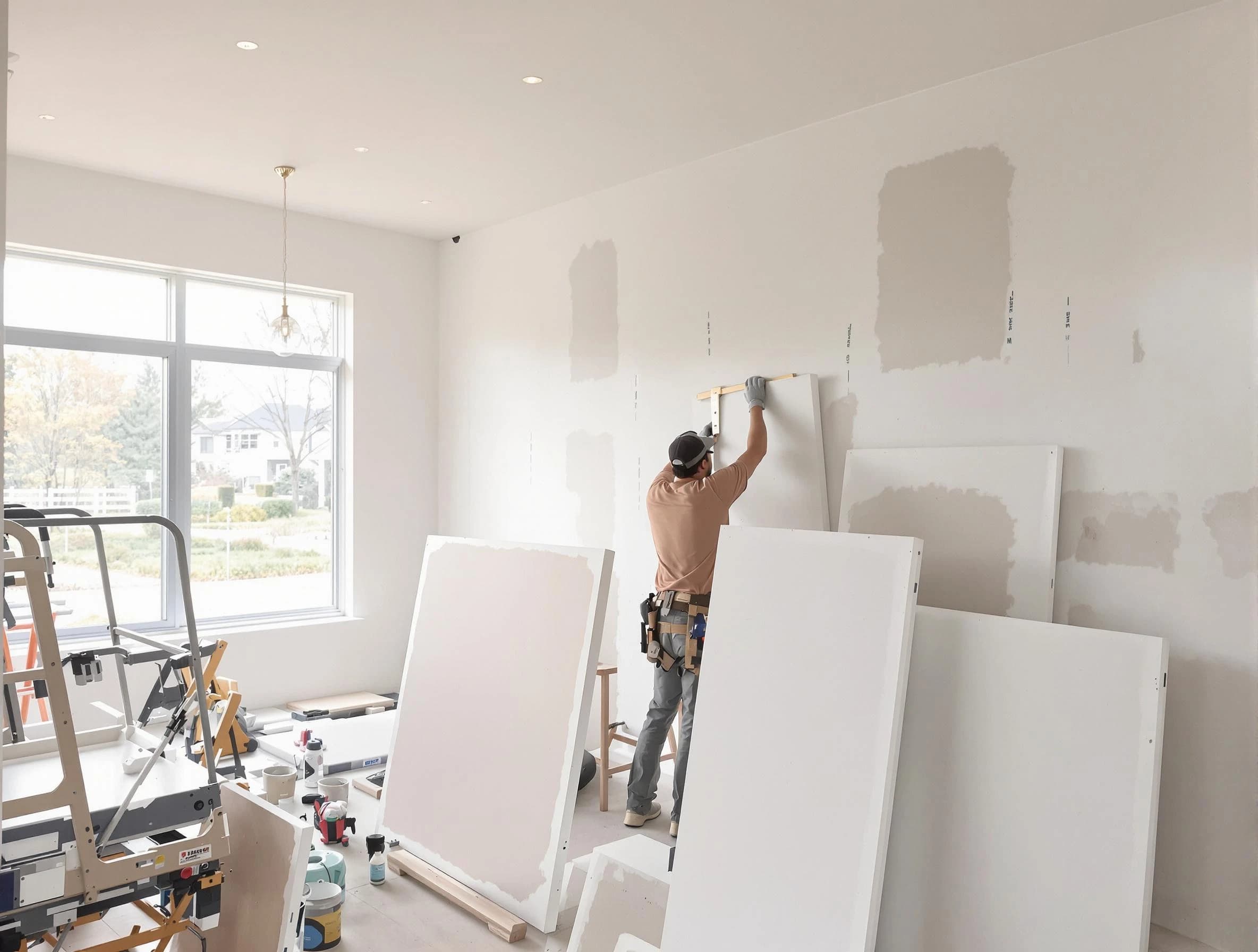 Cuyahoga Falls House Painters precisely hanging drywall sheets in Cuyahoga Falls, OH