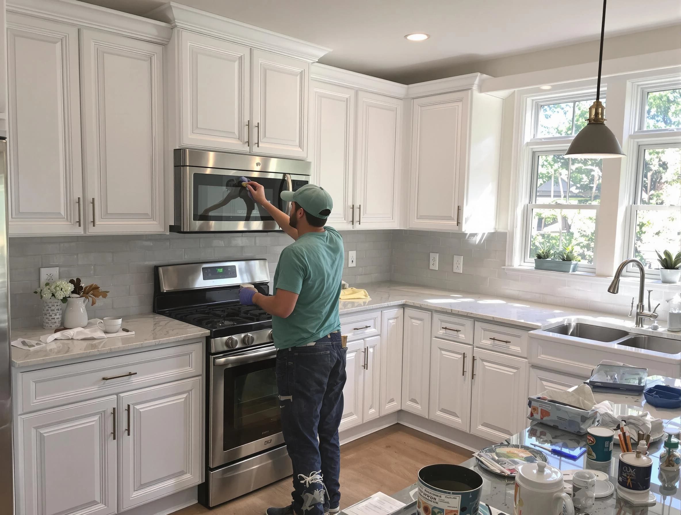 Kitchen cabinets being refinished by Cuyahoga Falls House Painters in Cuyahoga Falls, OH