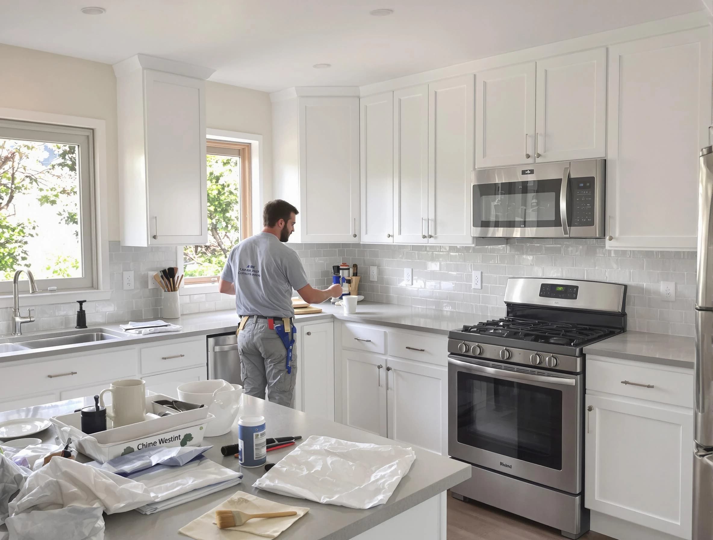 Cuyahoga Falls House Painters applying fresh paint on kitchen cabinets in Cuyahoga Falls