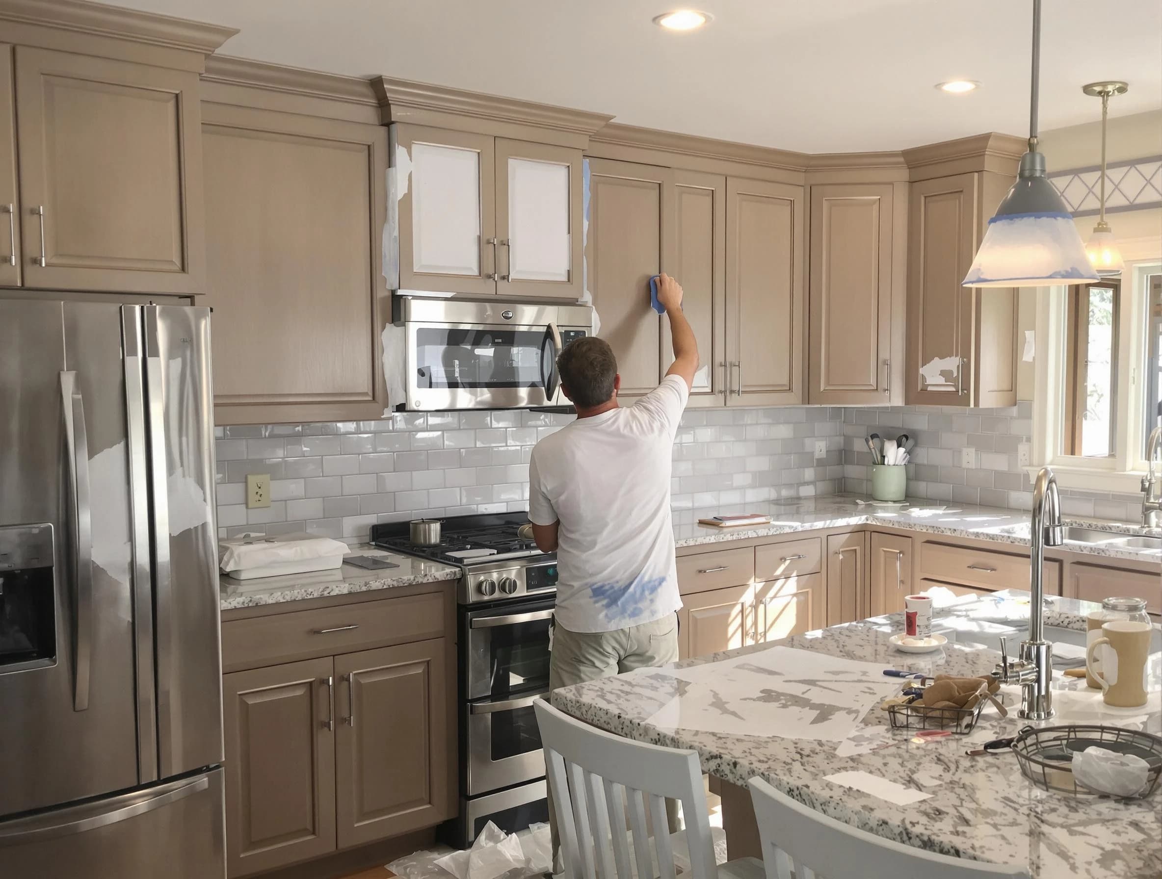 Before-and-after view of kitchen painting by Cuyahoga Falls House Painters in Cuyahoga Falls