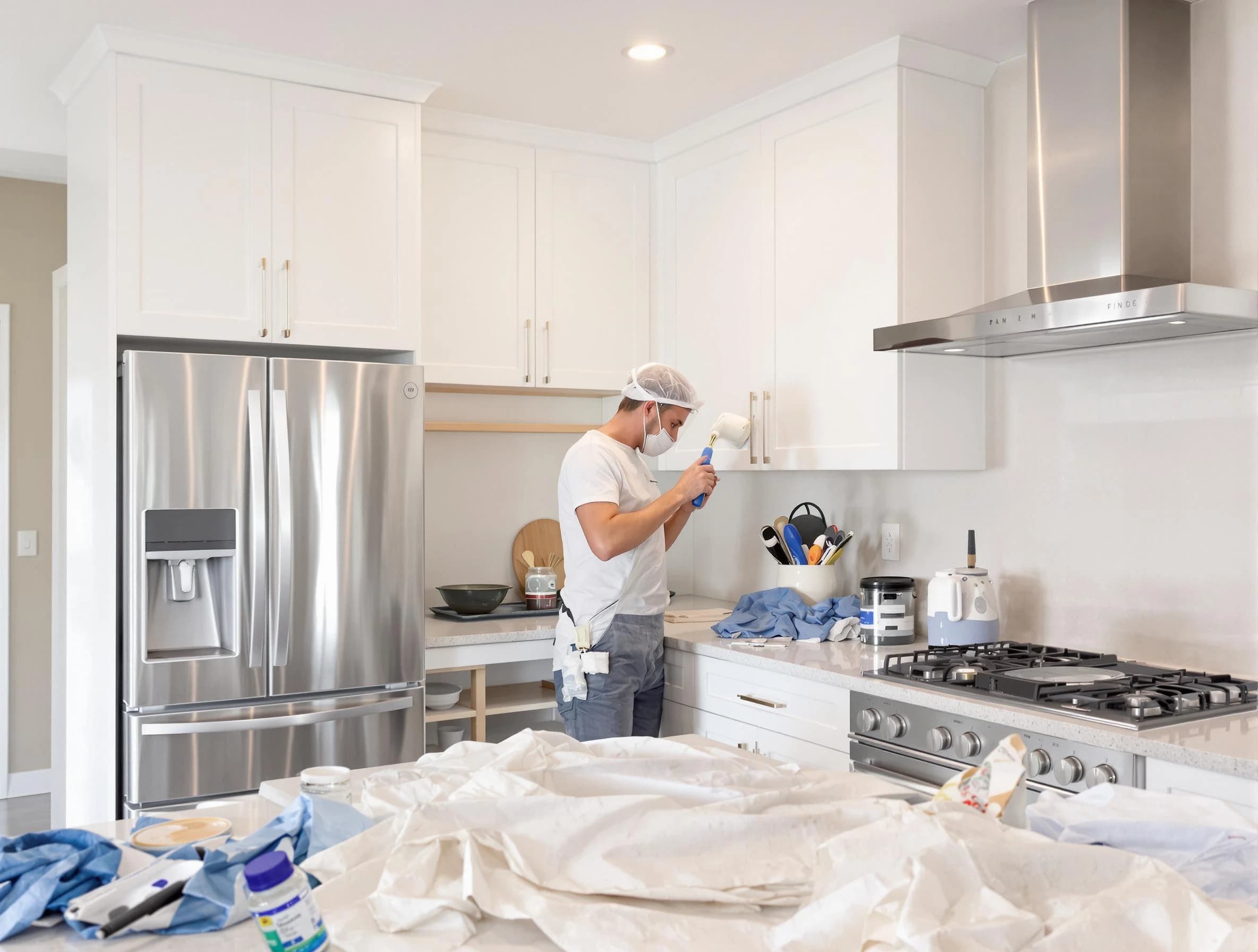 Cuyahoga Falls House Painters painter applying a fresh coat in a kitchen located in Cuyahoga Falls, OH