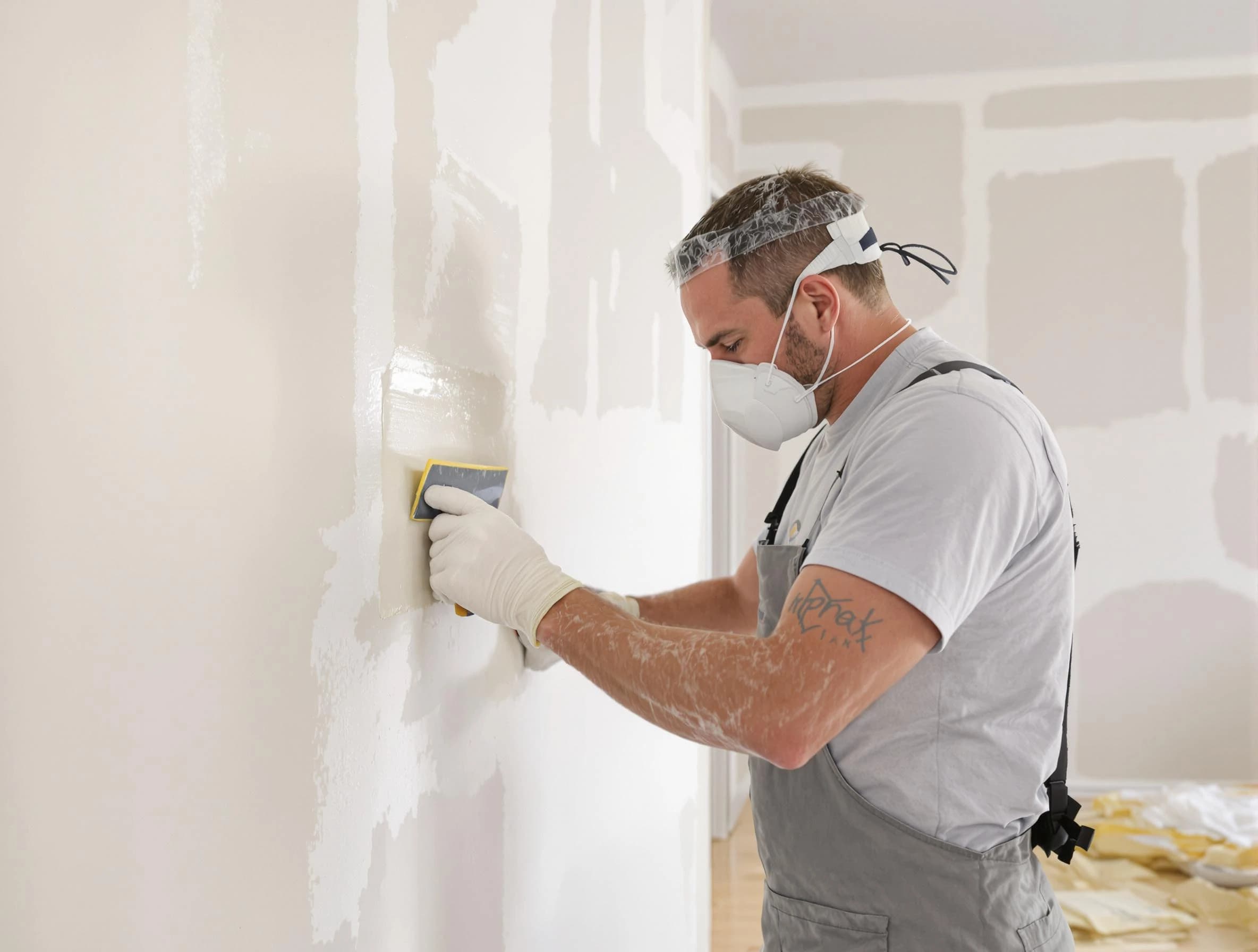 Cuyahoga Falls House Painters technician applying mud to drywall seams in Cuyahoga Falls, OH